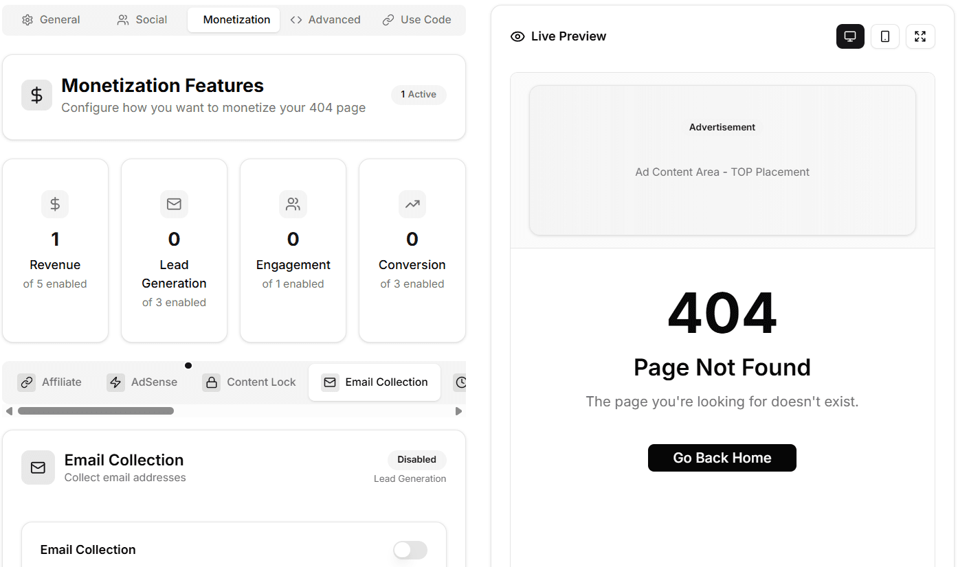 Monetization strategies dashboard showing revenue opportunities